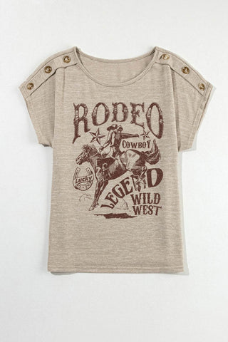 Decorative Button Graphic Round Neck Short Sleeve T-Shirt - Just Believe Boutique