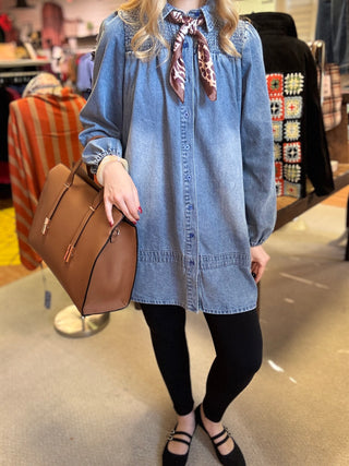 Denim Smocked Accent Dress – Light Wash – Light Denim – model photo
