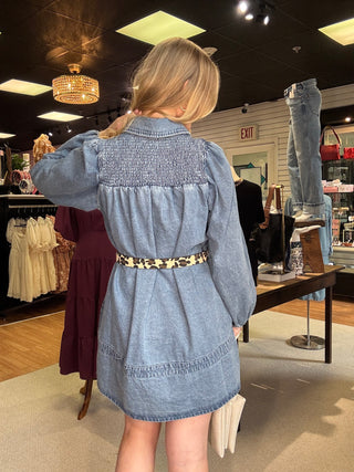 Denim Smocked Accent Dress – Light Wash – Light Denim – model photo