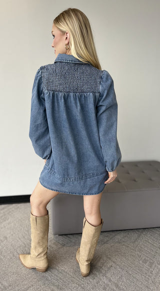 Denim Smocked Accent Dress – Light Wash – Light Denim – model photo