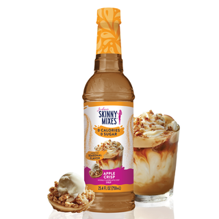 Jordan's Skinny Mixes Sugar Free Apple Crisp Syrup – sugar-free apple crisp syrup bottle beside a creamy iced drink and apple crisp dessert
