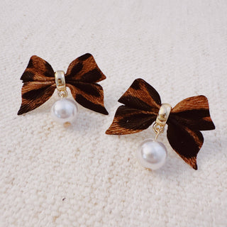 Leopard Luxe Bow and Pearl Drop Earrings