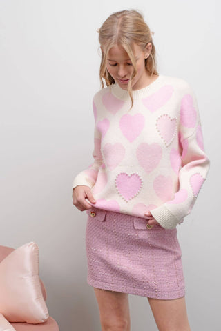 HEART PATTERN PEARL DETAIL KNIT SWEATER: IVORY