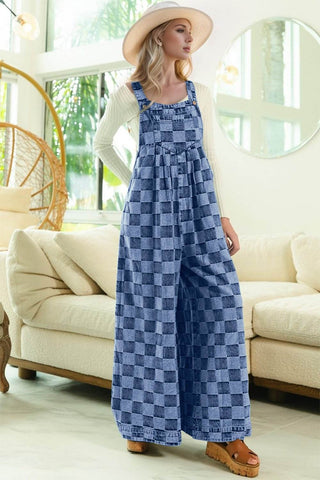 Double Take Checkered Sleeveless Wide Leg Denim Jumpsuit - Just Believe Boutique