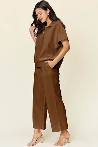Double Take Full Size Texture Half Zip Short Sleeve Top and Pants Set - Just Believe Boutique
