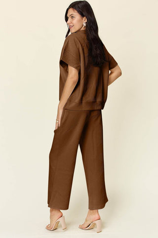 Double Take Full Size Texture Half Zip Short Sleeve Top and Pants Set - Just Believe Boutique