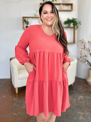 Double Take Full Size V-Neck Balloon Sleeve Tiered Dress with Pockets - Just Believe Boutique
