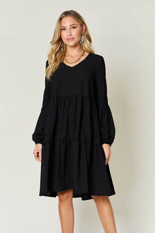 Double Take Full Size V-Neck Balloon Sleeve Tiered Dress with Pockets - Just Believe Boutique