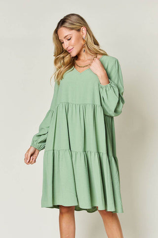 Double Take Full Size V-Neck Balloon Sleeve Tiered Dress with Pockets - Just Believe Boutique