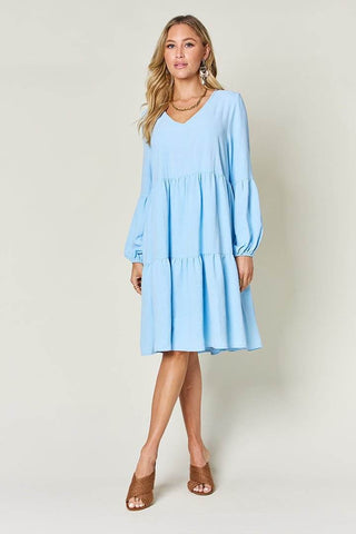 Double Take Full Size V-Neck Balloon Sleeve Tiered Dress with Pockets - Just Believe Boutique