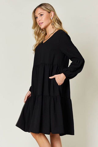 Double Take Full Size V-Neck Balloon Sleeve Tiered Dress with Pockets - Just Believe Boutique
