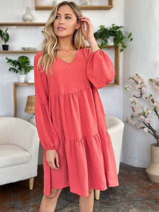 Double Take Full Size V-Neck Balloon Sleeve Tiered Dress with Pockets - Just Believe Boutique