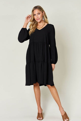 Double Take Full Size V-Neck Balloon Sleeve Tiered Dress with Pockets - Just Believe Boutique