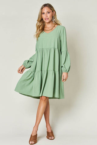 Double Take Full Size V-Neck Balloon Sleeve Tiered Dress with Pockets - Just Believe Boutique