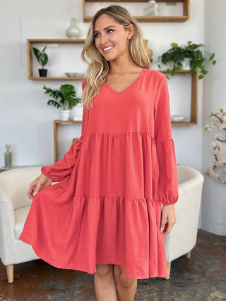 Double Take Full Size V-Neck Balloon Sleeve Tiered Dress with Pockets - Just Believe Boutique