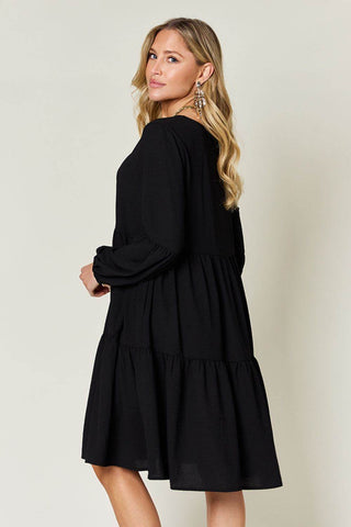 Double Take Full Size V-Neck Balloon Sleeve Tiered Dress with Pockets - Just Believe Boutique