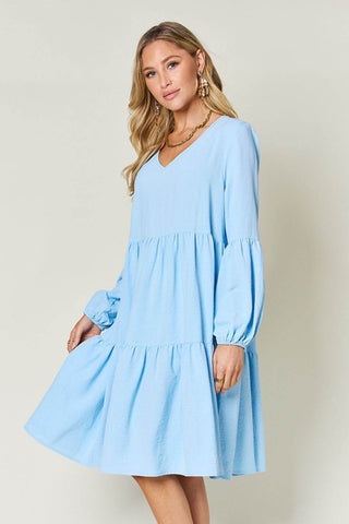Double Take Full Size V-Neck Balloon Sleeve Tiered Dress with Pockets - Just Believe Boutique