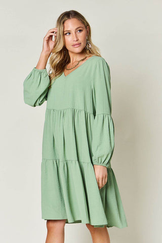Double Take Full Size V-Neck Balloon Sleeve Tiered Dress with Pockets - Just Believe Boutique