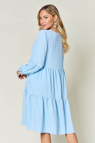 Double Take Full Size V-Neck Balloon Sleeve Tiered Dress with Pockets - Just Believe Boutique
