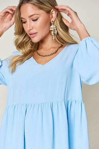 Double Take Full Size V-Neck Balloon Sleeve Tiered Dress with Pockets - Just Believe Boutique