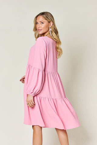Double Take Full Size V-Neck Balloon Sleeve Tiered Dress with Pockets - Just Believe Boutique