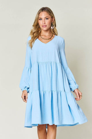 Double Take Full Size V-Neck Balloon Sleeve Tiered Dress with Pockets - Just Believe Boutique