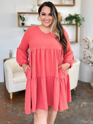 Double Take Full Size V-Neck Balloon Sleeve Tiered Dress with Pockets - Just Believe Boutique