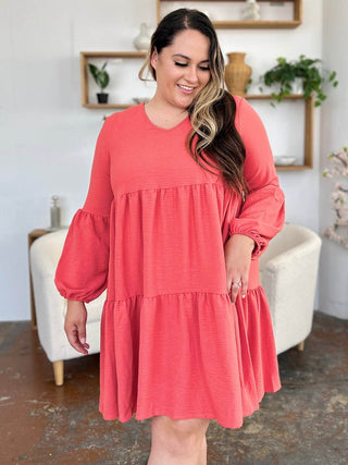 Double Take Full Size V-Neck Balloon Sleeve Tiered Dress with Pockets - Just Believe Boutique