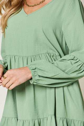 Double Take Full Size V-Neck Balloon Sleeve Tiered Dress with Pockets - Just Believe Boutique