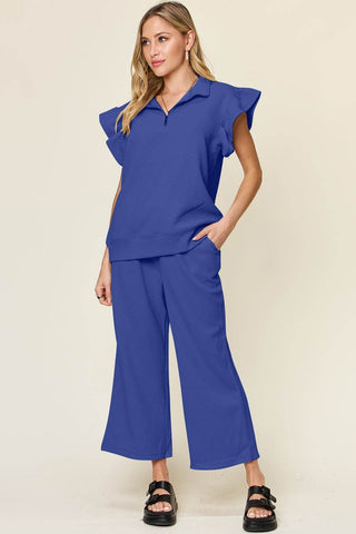 Double Take Texture Ruffle Short Sleeve Top and Drawstring Wide Leg Pants Set - Just Believe Boutique