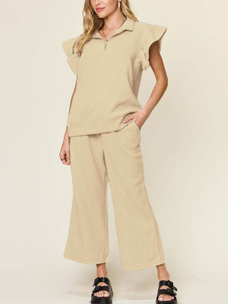 Double Take Texture Ruffle Short Sleeve Top and Drawstring Wide Leg Pants Set - Just Believe Boutique