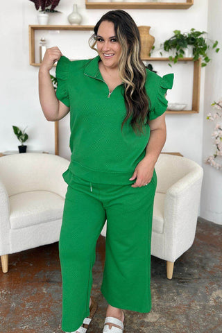 Double Take Texture Ruffle Short Sleeve Top and Drawstring Wide Leg Pants Set - Just Believe Boutique
