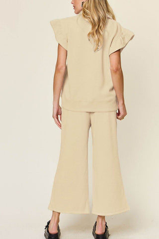 Double Take Texture Ruffle Short Sleeve Top and Drawstring Wide Leg Pants Set - Just Believe Boutique