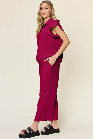 Double Take Texture Ruffle Short Sleeve Top and Drawstring Wide Leg Pants Set - Just Believe Boutique