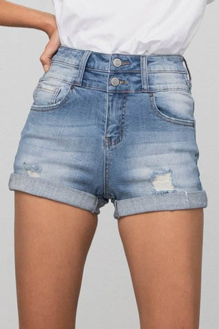Double Waistband Denim Shorts - Just Believe Boutique