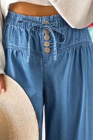 Drawstring Elastic Waist Wide Leg Jeans - Just Believe Boutique