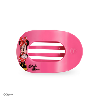 Pink round hair clip with Minnie Mouse character art and a 3-slot center.