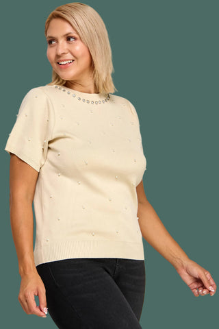 Pearl & Rhinestone Embellished Knit Sweater Top