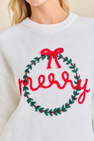 Merry Wreath Knit Sweater with Red Bow