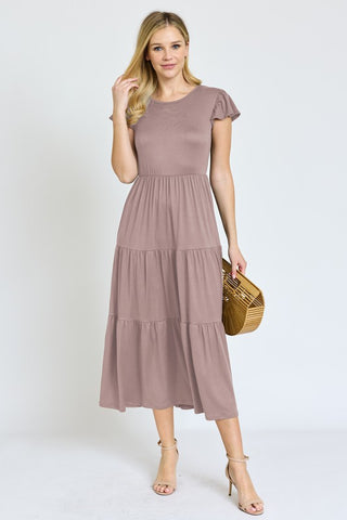 Plus Size Solid Flutter Sleeve Tiered Tea Length Dress