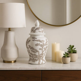 Sagebrook Home - Decorative Jar - White/Brown Ceramic Cherry Blossom, 15 in.