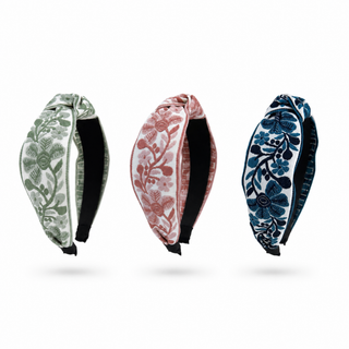 Floral woven headband set in sage, blush, and navy with embroidered texture