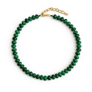 Single-strand green beaded necklace with gold-toned chain and lobster clasp