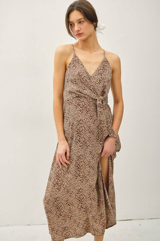 LEOPARD PRINT MIDI, MOCK-WRAP DRESS