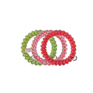 TELETIES mixed-color hair tie coils: red, pink, and green spiral loops