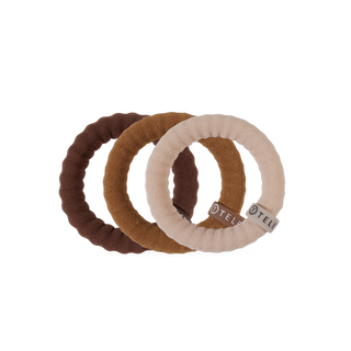 Teleties small nylon hair ties in Espresso Yourself brown, packaging and logo detail
