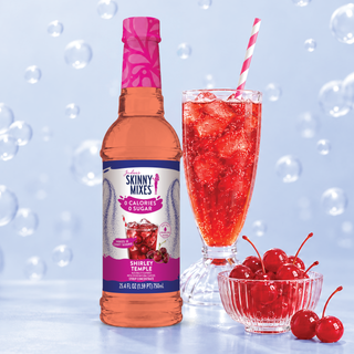 Jordan's Skinny Mixes sugar-free Shirley Temple syrup bottle with tall cherry soda and cherries