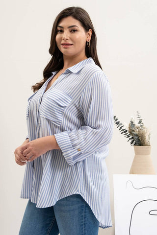 PLUS STRIPE COLLARED BUTTON DOWN LIGHTWEIGHT SHIRT: BLUE