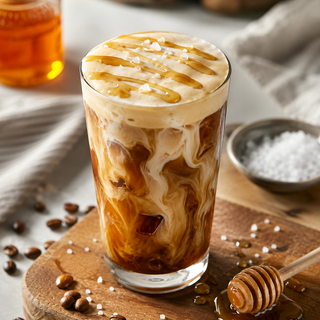Jordan's Skinny Mixes sea salt honey syrup in iced coffee with whipped cream and honey dipper