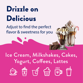 Jordan's Skinny Mixes holiday drizzle sauce for ice cream and drinks, shown with a sundae